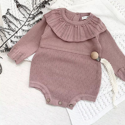 New Autumn Baby Girls Rompers Cotton Knitted Lace Ruffle Collar Infant Girls Bodysuit Knit Pink Princess Toddler Girls Outfits ﻿