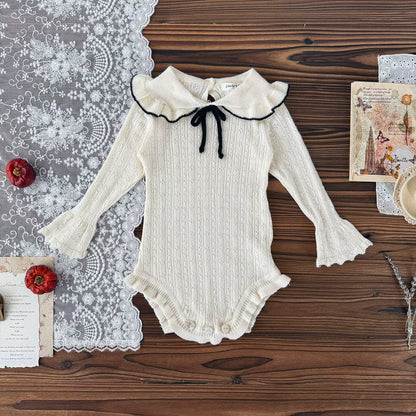 LilyLuxe™ Knitted Baby Girl Jumpsuit – Elegant Lotus Collar Sweater Romper for Spring & Autumn